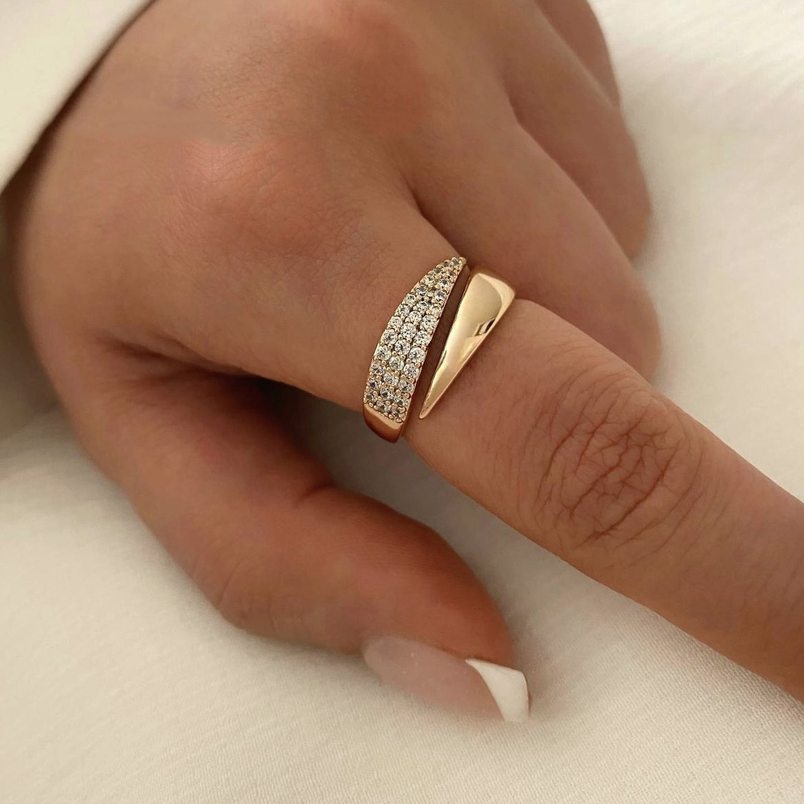 Adjustable Open Ring with Cubic Zirconia Golden Tone Copper Wedding Engagement